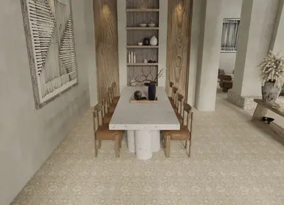 Elegant beige patterned wool rug from Kaleen featured in a modern, minimalist dining room design.