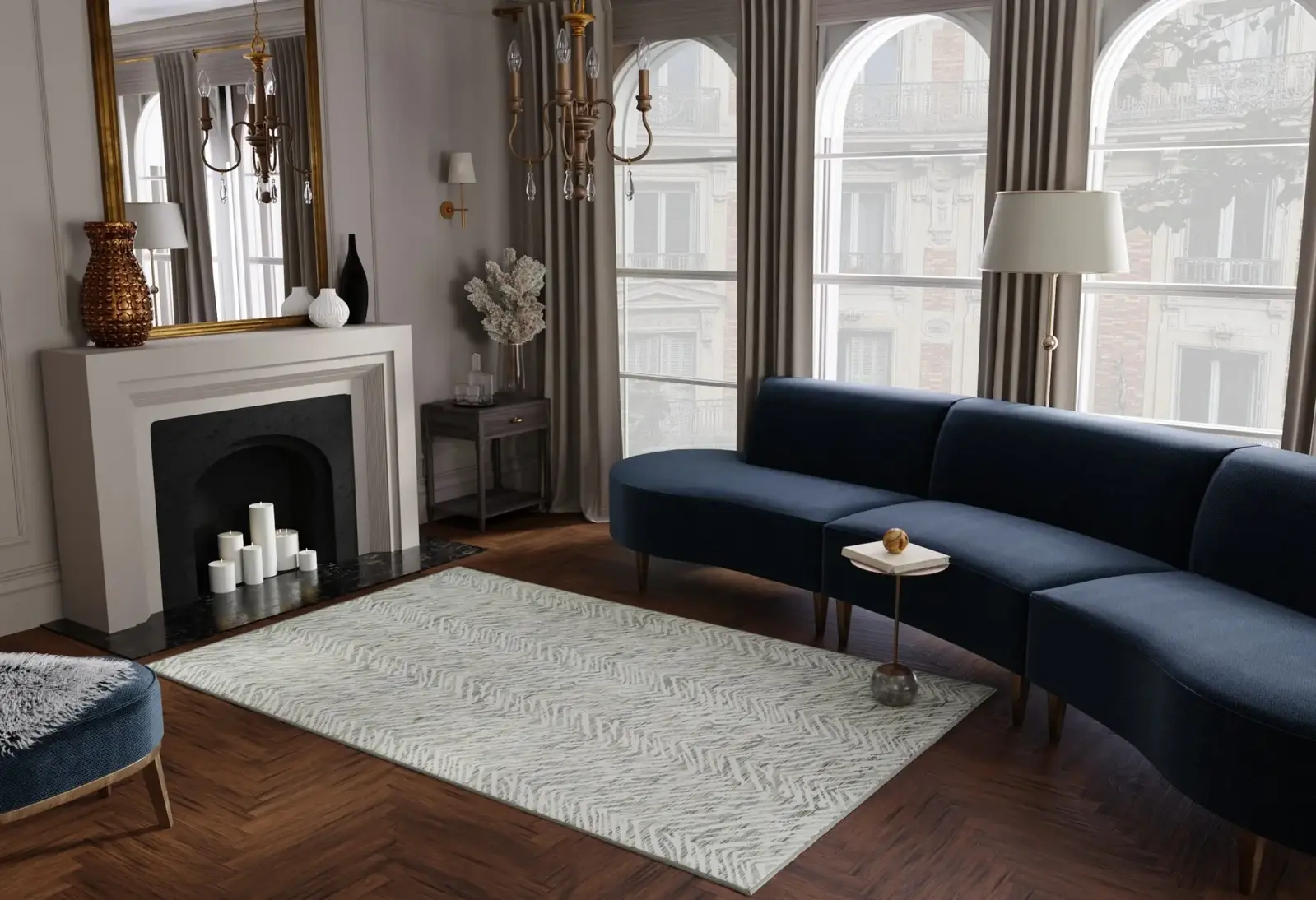 Hook & Beam’s Nob Hill Navy and white wool jacquard print carpet complementing a modern minimalist living room in navy and white tones