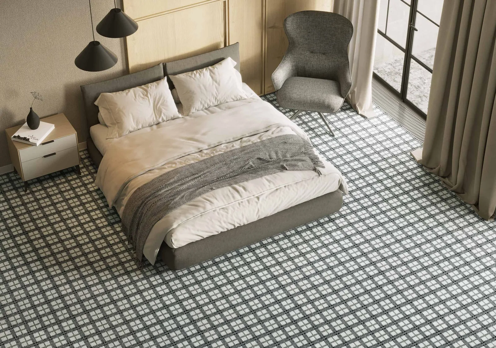 Bold patterned wool carpet from Kaleen creates an inviting bedroom with a minimalist modern decor