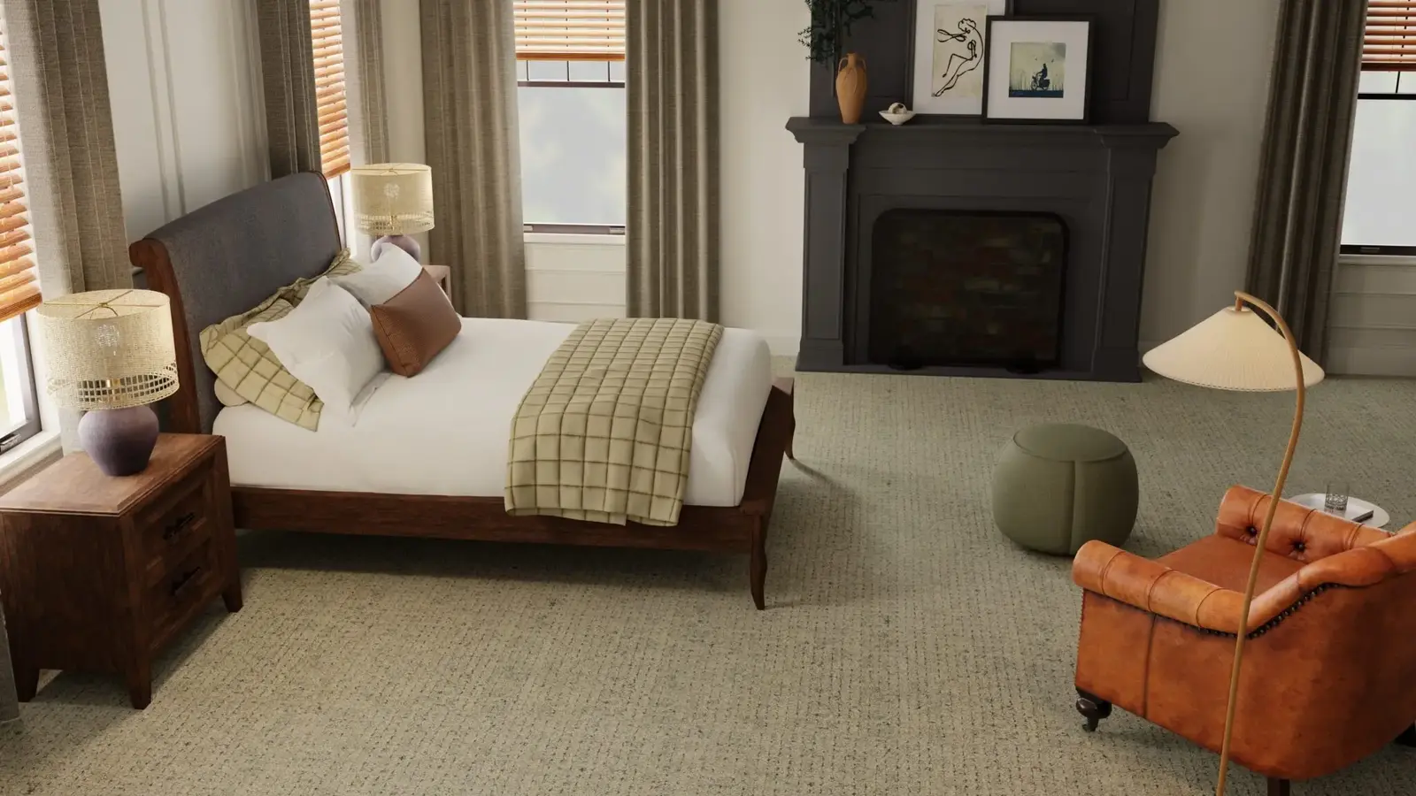 Warm, inviting bedroom with a soft beige carpet and a cozy chair placed in front of a fireplace