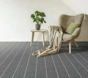 medium grey and white stripe wool carpet with neutral chair and table