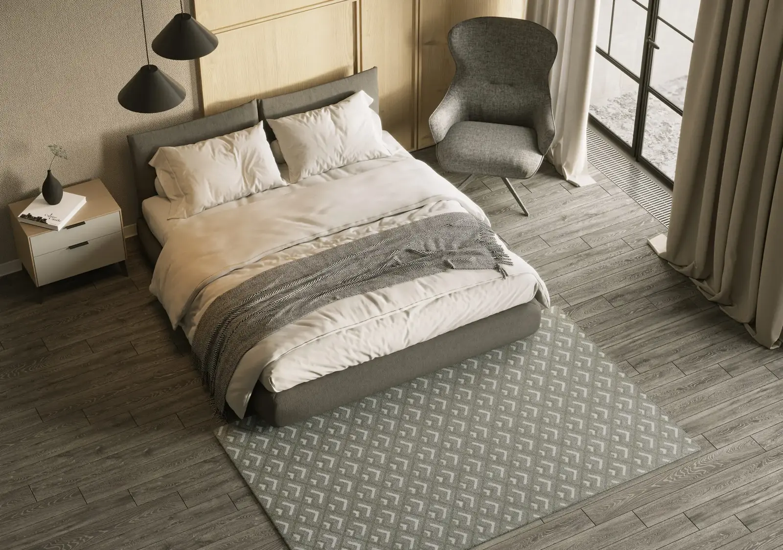 Chevron natural taupe wool carpet in a bedroom