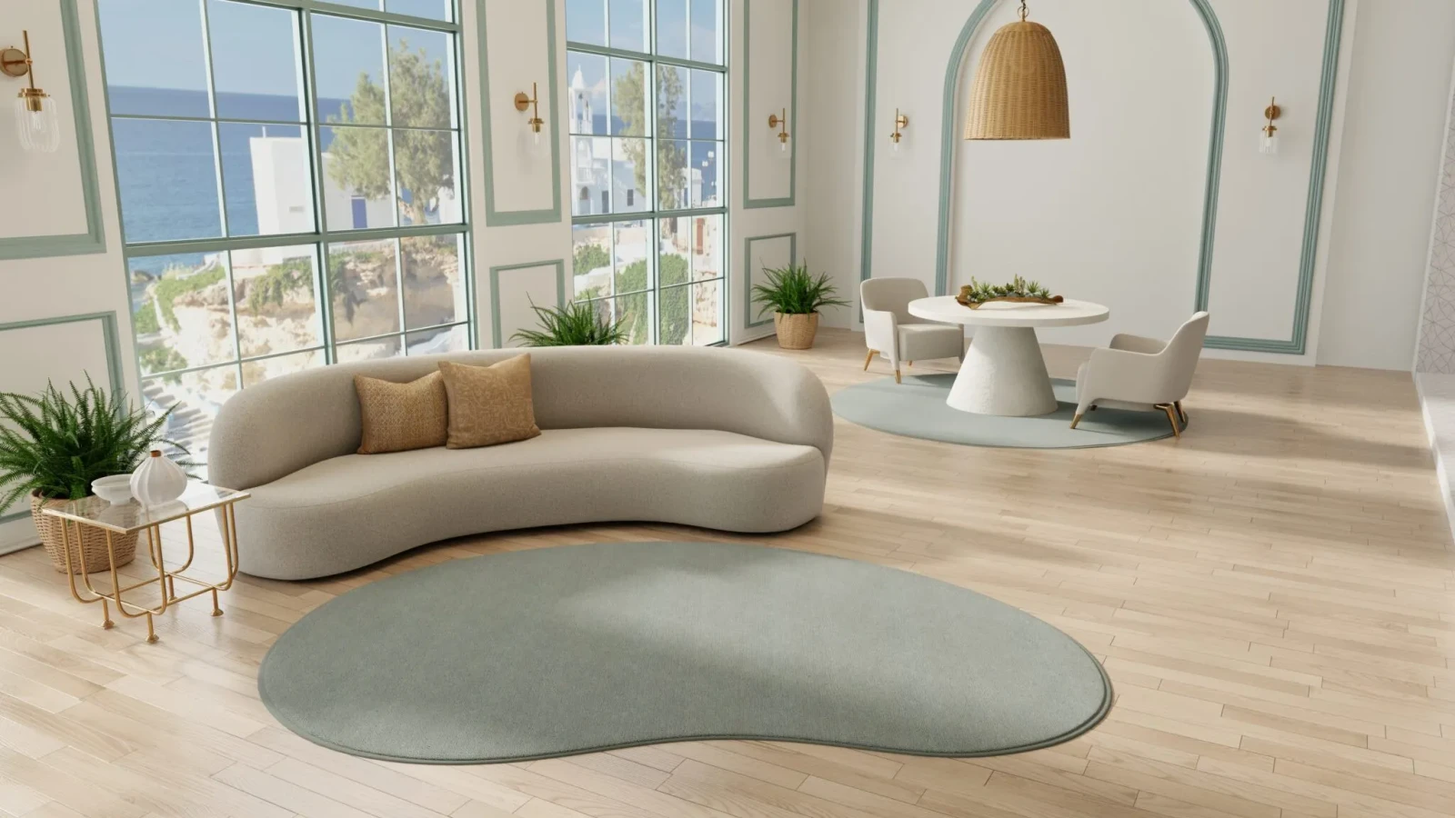 Open-concept room with a rounded sofa that seats 3, and a small seating area for two in the background on light-colored hardwood floors and defined by custom-shaped rugs from PureLife by Kaleen