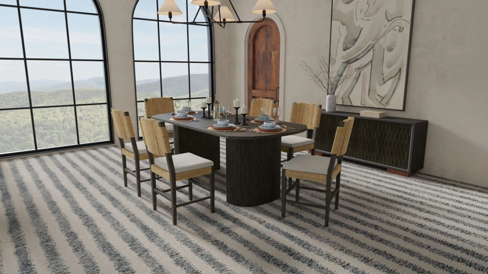 Dining room setting with the cream and grey stripe carpet, Cinnamon Bay, from the Kaleen collection