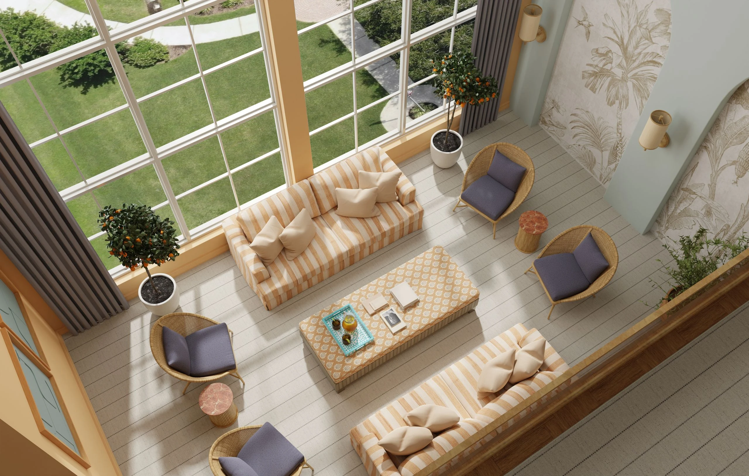 A bright, modern living room with large windows, striped sofas, round chairs with cushions, a central coffee table atop a Kaleen natural wool carpet, potted plants, and views of the green lawn outside. Light floods in from the tall windows