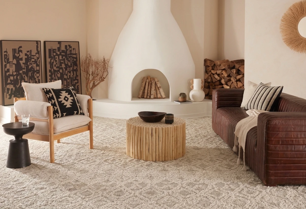  A spacious, modern room featuring Kaleen’s Jara collection broadloom carpet, showcasing its plush, high-pile texture and a subtle, sophisticated repeating pattern that spans the entire floor.
