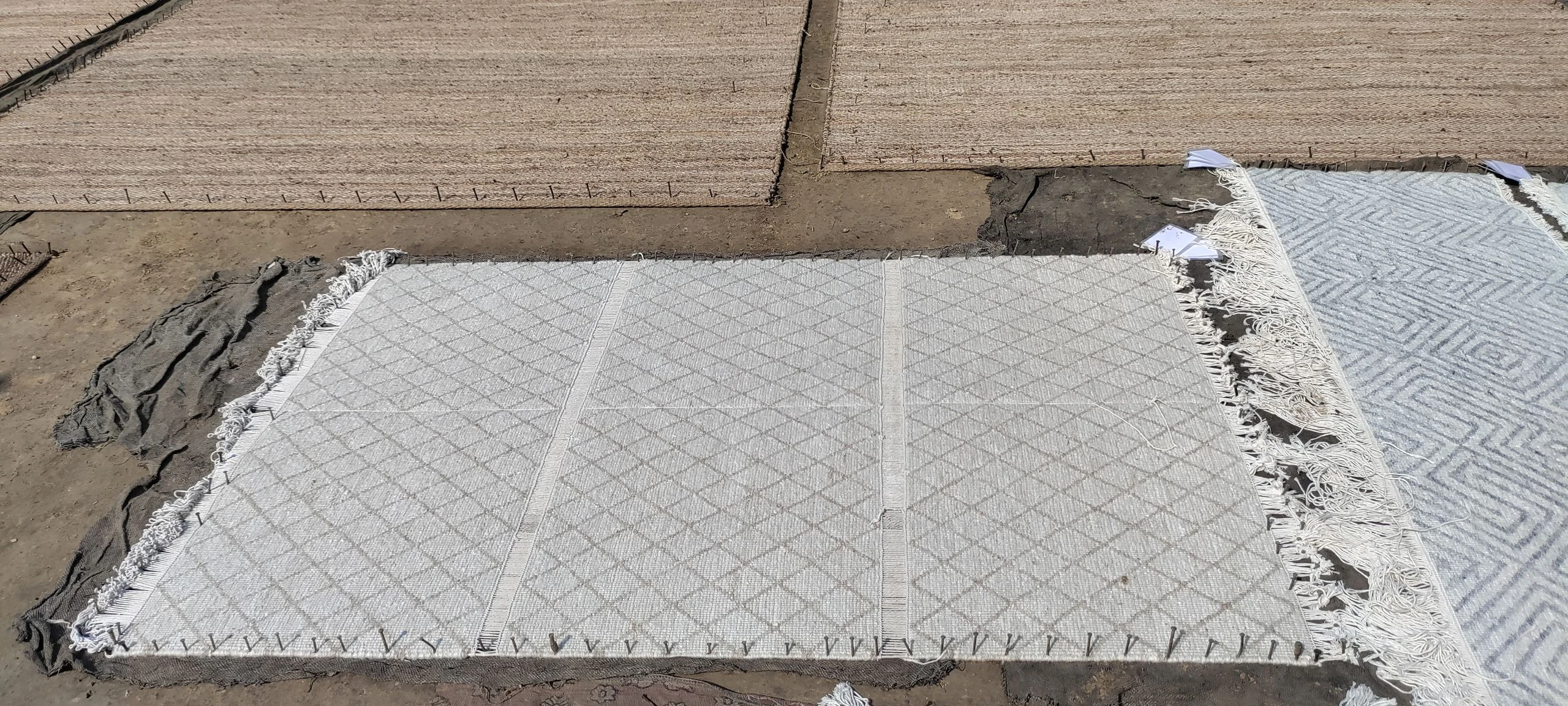 Handmade wool rugs from Kaleen’s Luxe collection drying flat outdoors after the finishing wash.