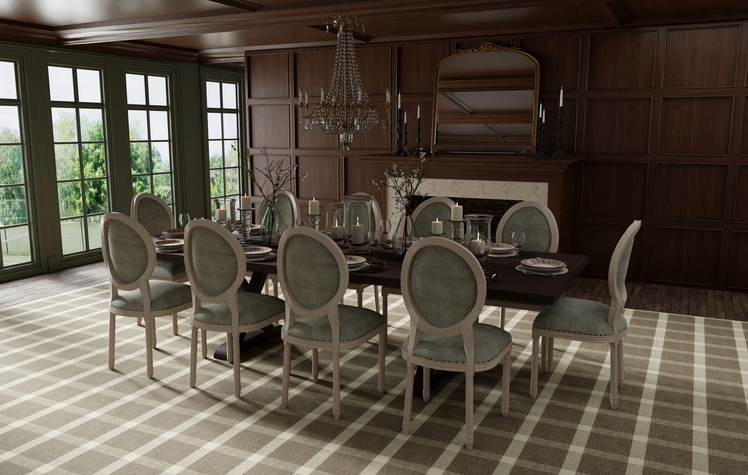 Formal dining room interior featuring a classic box-plaid wool carpet from the Kaleen Road Town Collection.