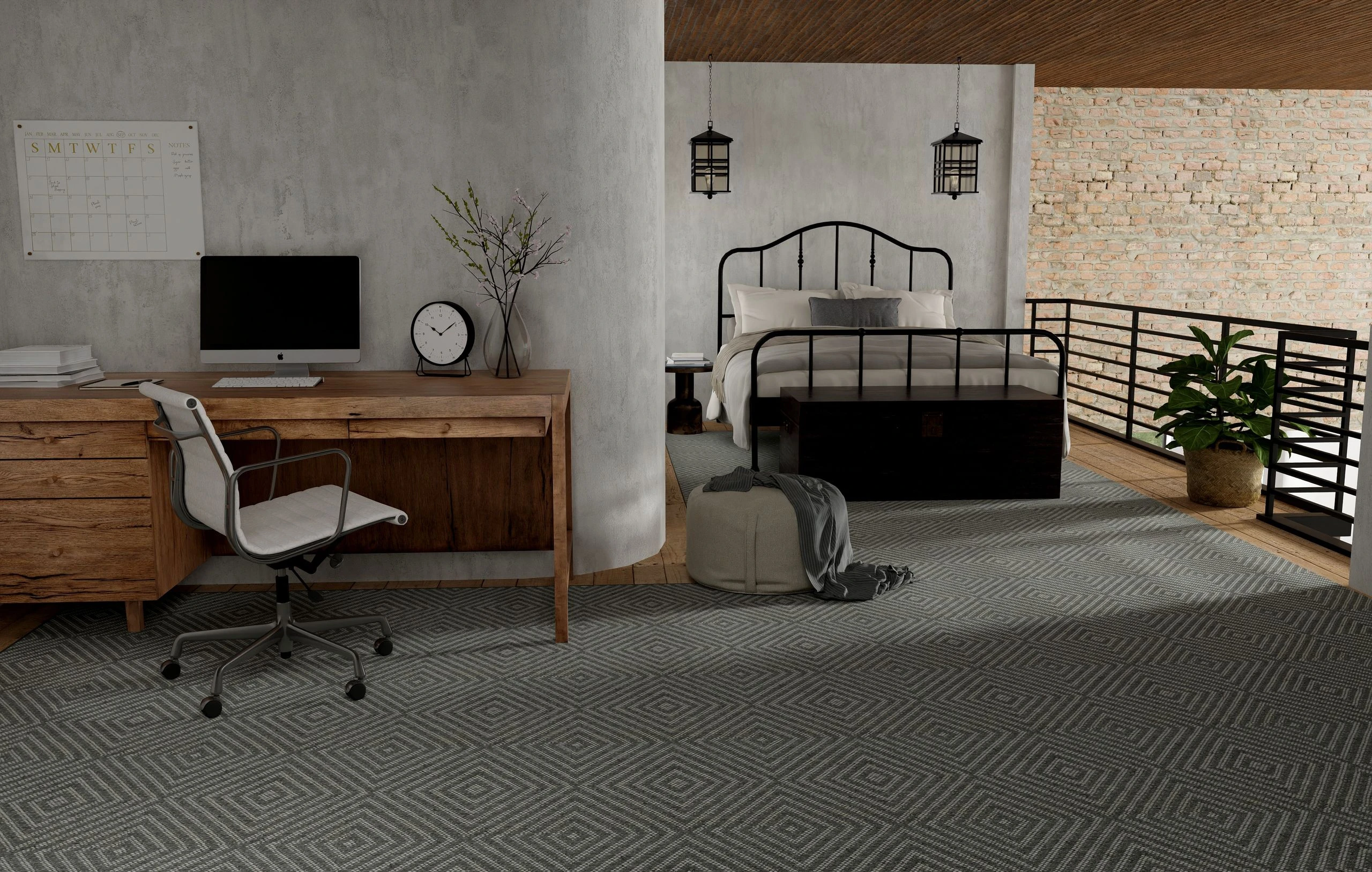 Wellness-focused modern loft bedroom and office space featuring the soft, grounding texture of a Kaleen natural wool rug