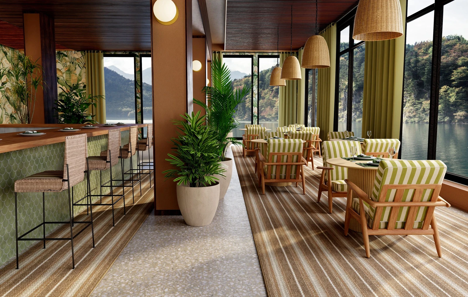 Custom area rug from Kaleen’s Oh Be Joy Collection anchoring a lounge area in a grand-scale, open-concept commercial interior.