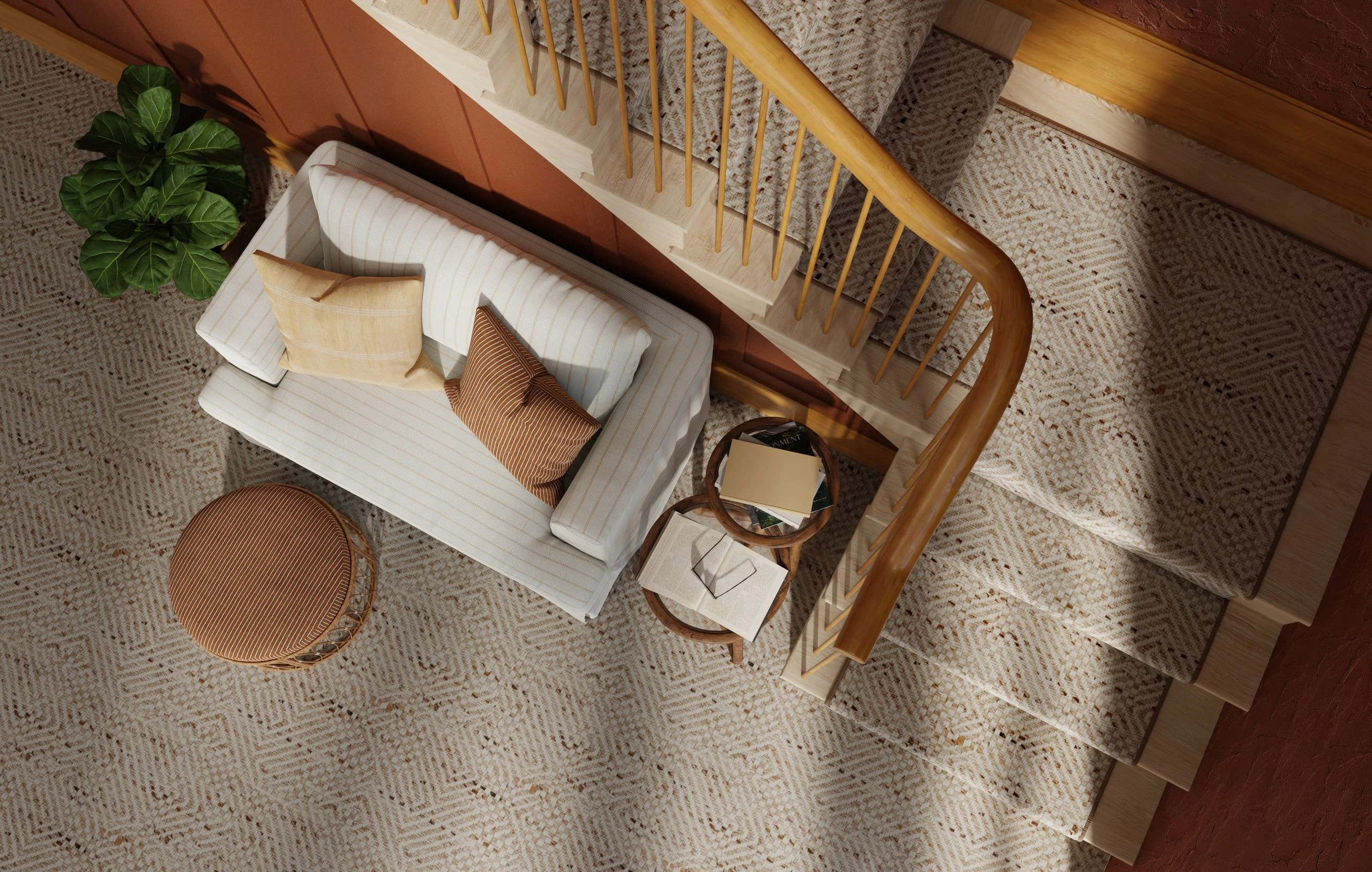 This blonde wood staircase is accentuated by the warm tones and beauty of a multi-toned light brown geometric carpet runner, the King of Spades design from PureLife by Kaleen