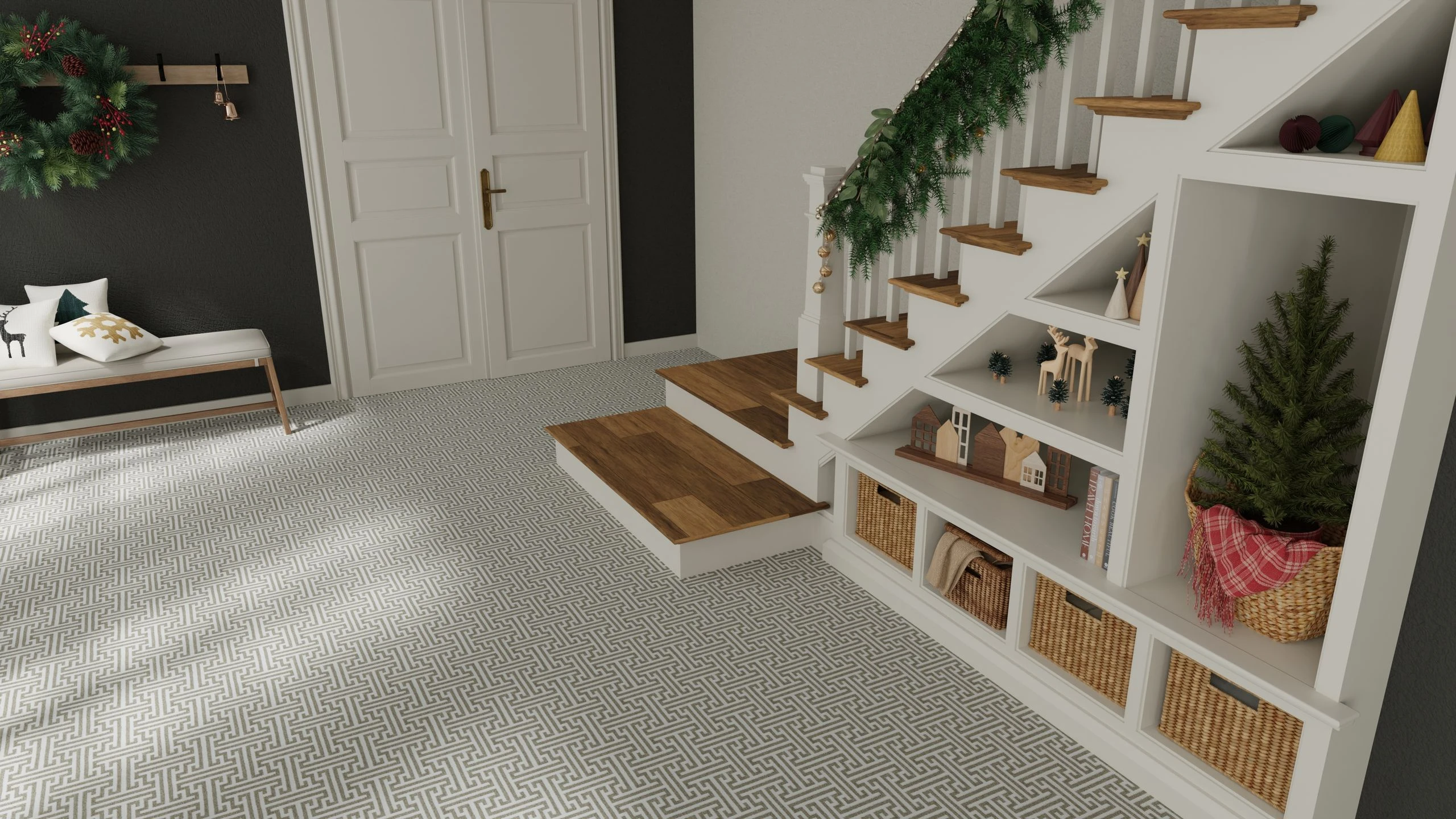 Entryway with a patterned gray Park Lane rug, a staircase with built-in shelves, and a small holiday tree in a woven basket