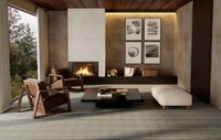 Fireside lounge with brown chairs and a low coffee table on a charcoal Luxurient broadloom with fine ivory pinstripes