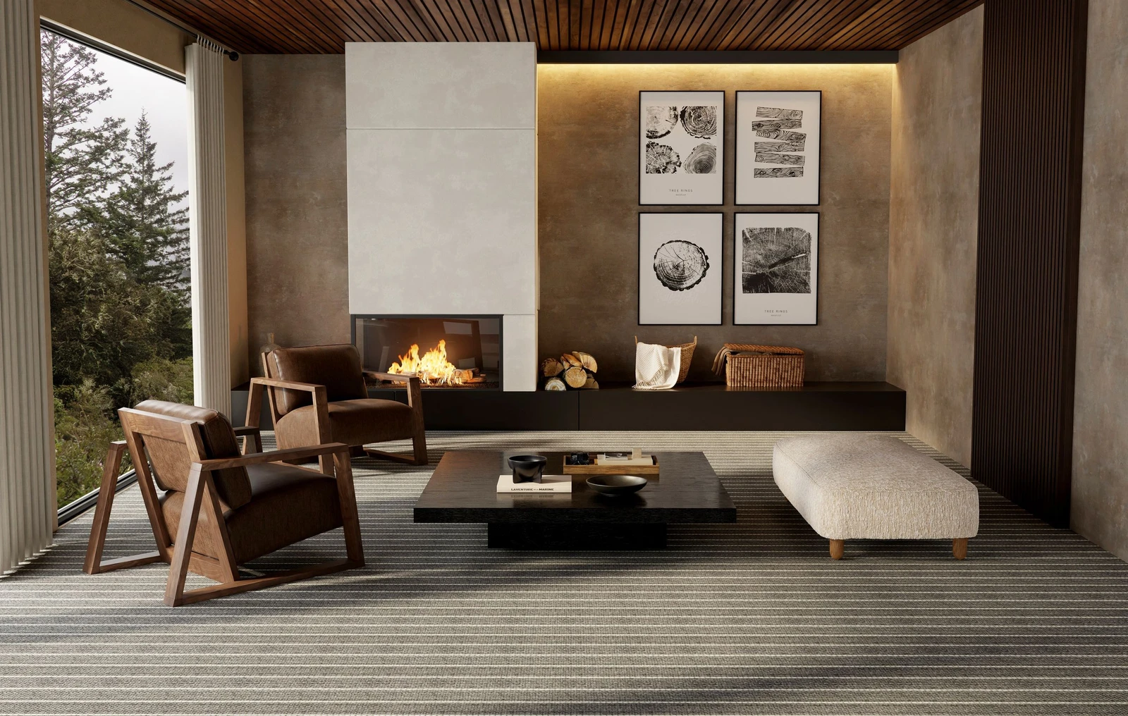 Fireside lounge with brown chairs and a low coffee table on a charcoal Luxurient broadloom with fine ivory pinstripes