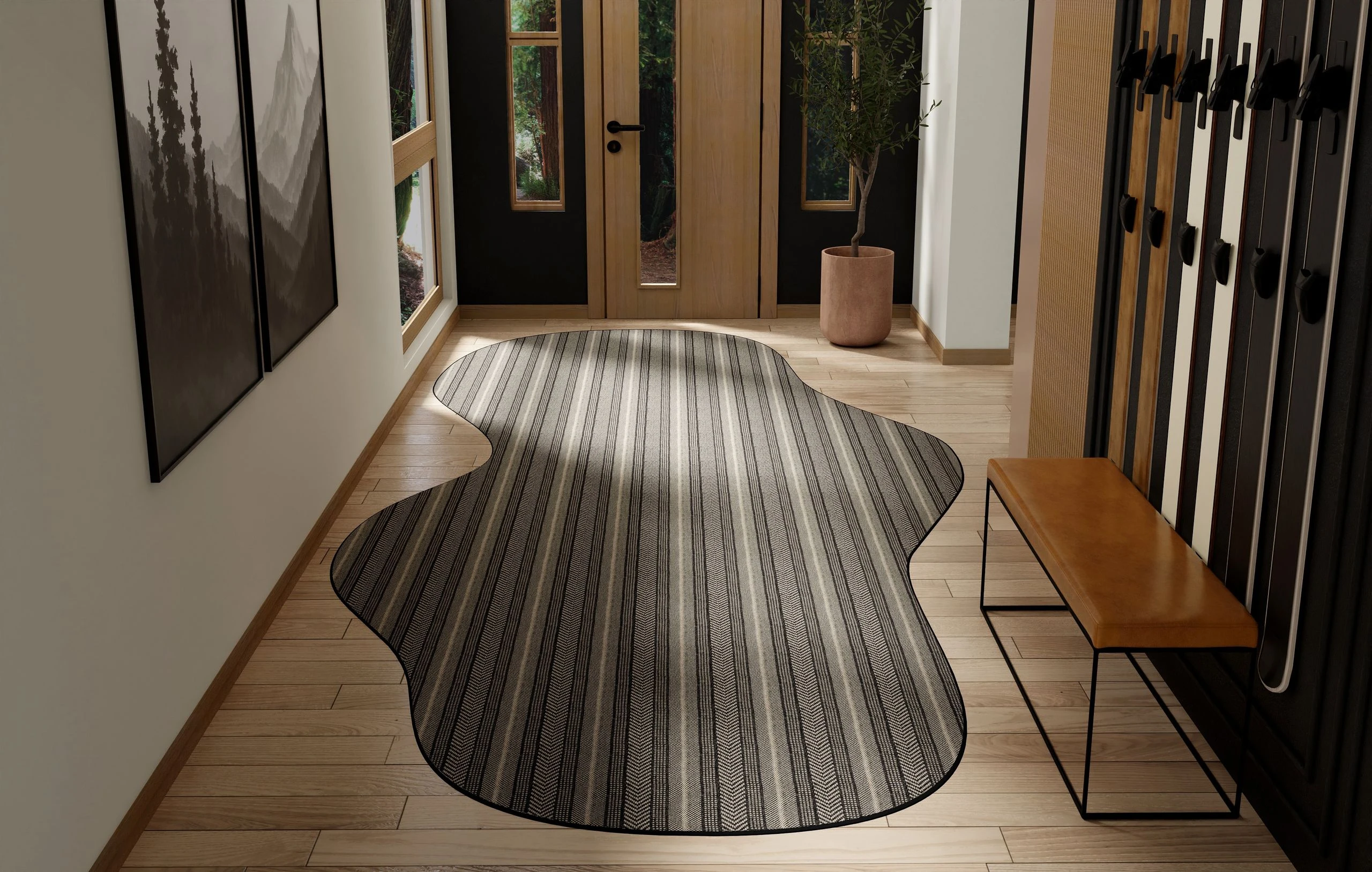 Entryway hallway with a custom curved Northshore in Charcoal runner beside a leather bench