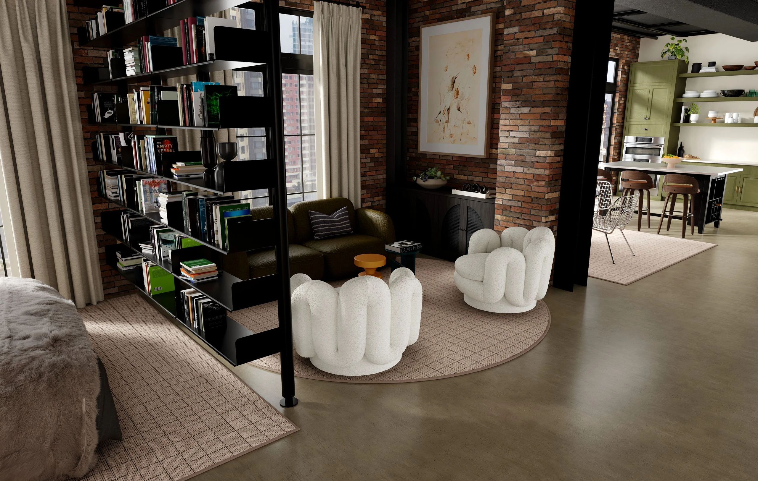 Urban loft with white round armchairs on a round Camden in Khaki rug beside bookshelves, a kitchen, and a bed