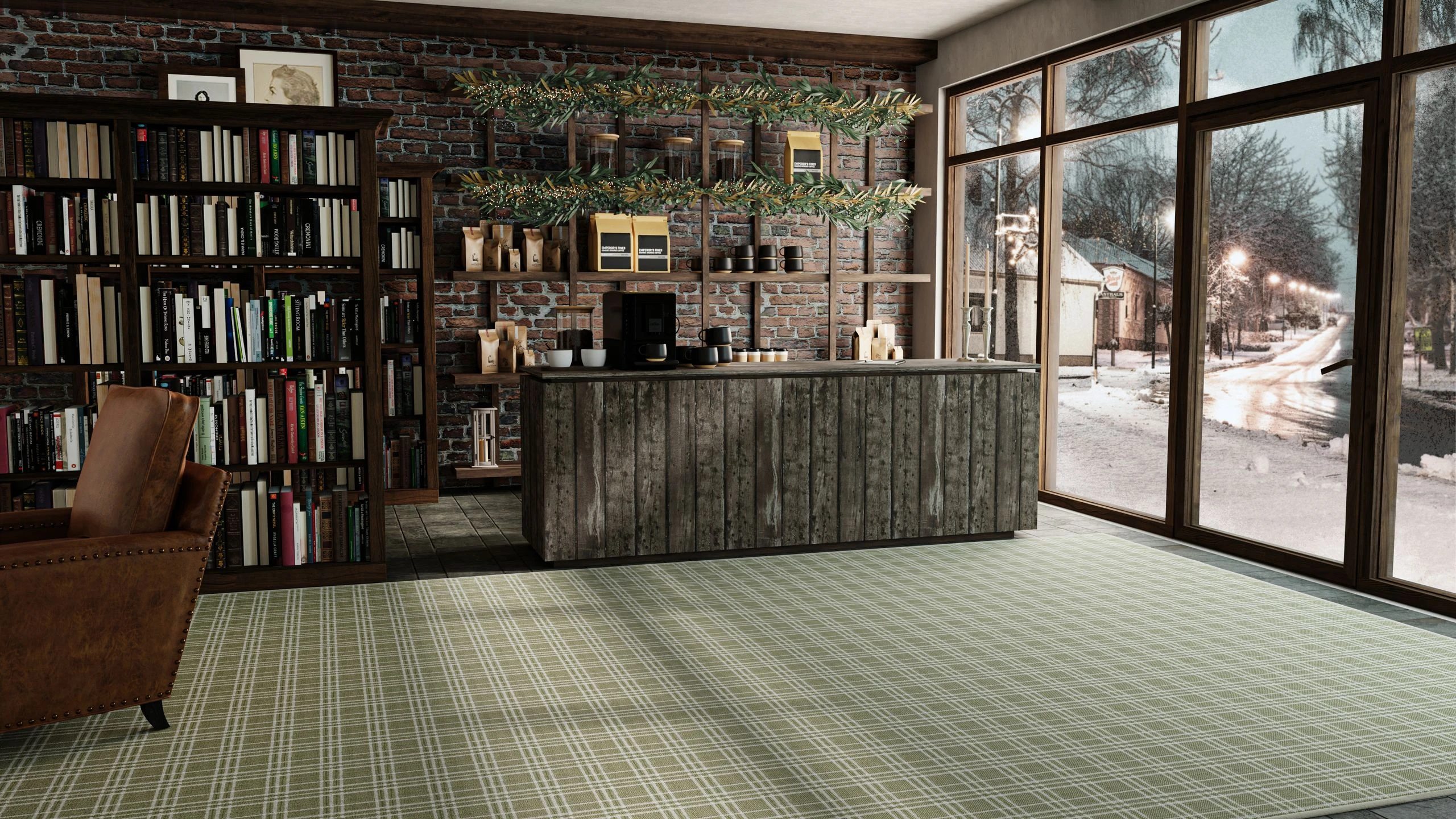 Cafe-style coffee station with a wood counter and bookshelves on a Whispering Hills in Green plaid broadloom beside exposed brick