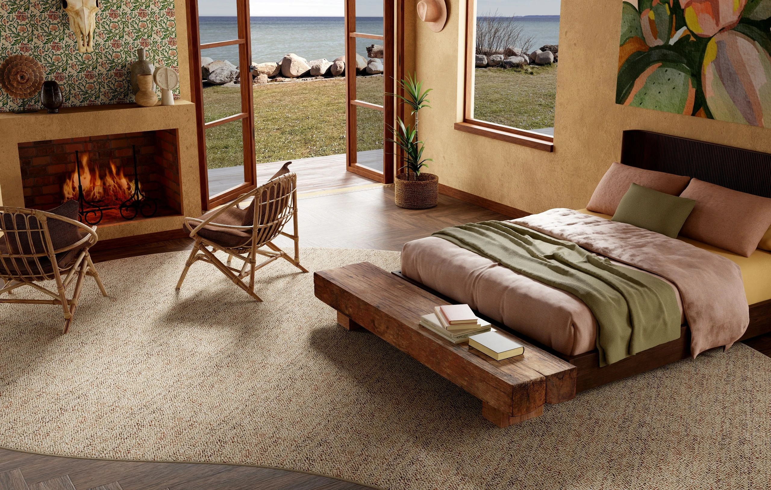 Guest room with a platform bed in blush bedding and a fireplace on a Pointella in Spice wool broadloom