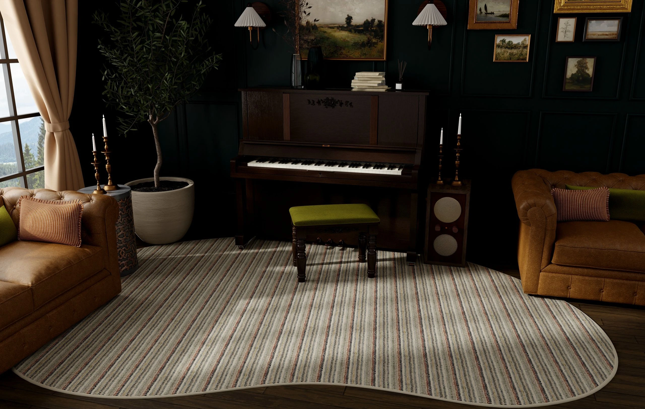 Flying Scotsman in Multi, finished as a freeform custom rug in a warm sitting room.