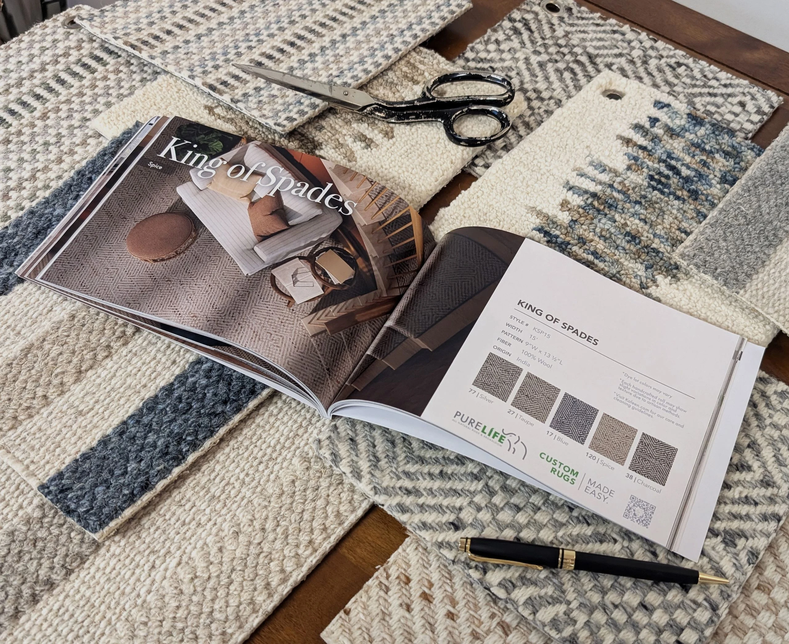 PureLife's King of Spades collection in Spice, shown in the Kaleen Signature Program catalog next to a spread of 9x9 samples.