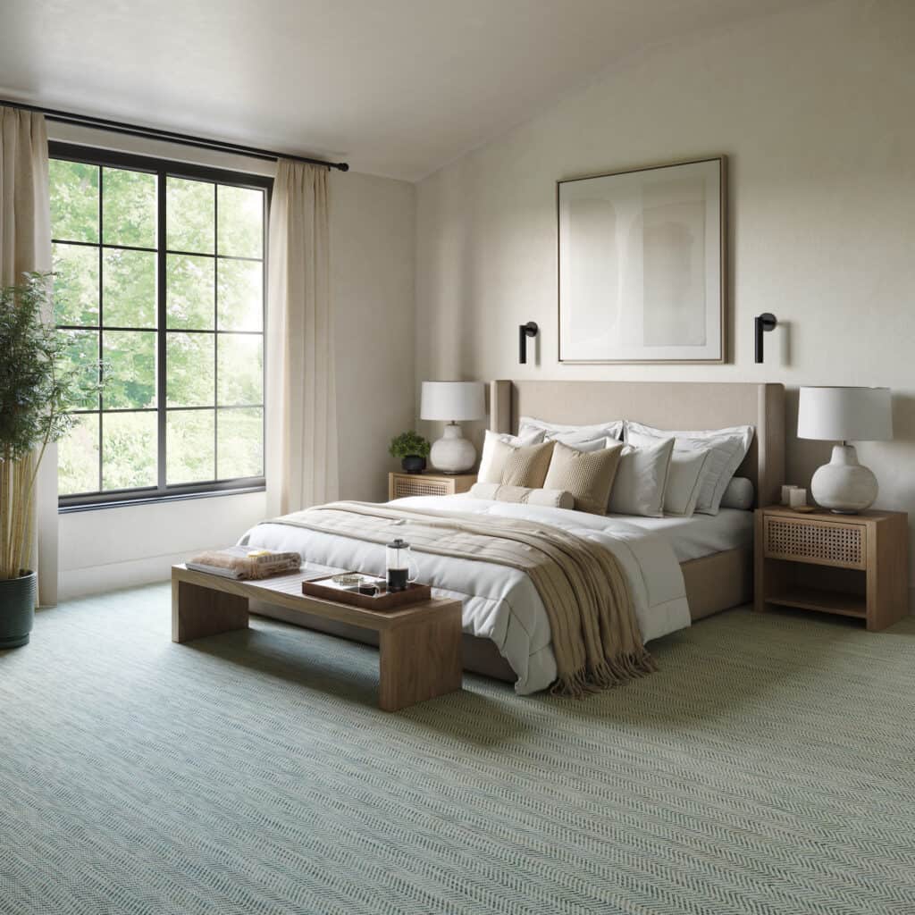 Kaleen broadloom linear patterned carpet in a neutral, minimalist bedroom with an inviting design.