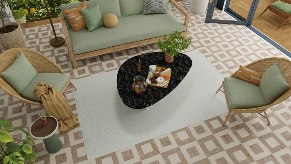 Earthy-toned sitting area featuring a natural-toned area rug layered over a neutral-toned block-patterned carpet.