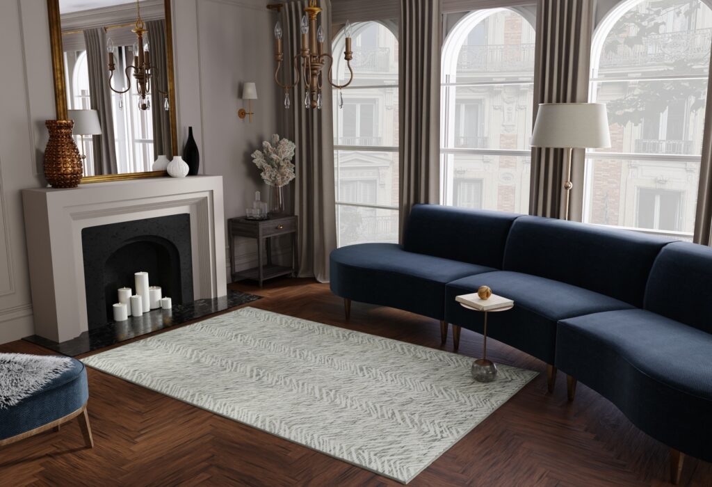 Hook & Beam’s Nob Hill Navy and white wool jacquard print carpet complementing a modern minimalist living room in navy and white tones