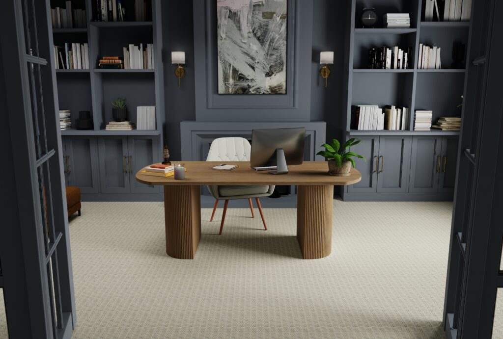 Broadloom beige and grey wool carpet by Kaleen in a dark grey office