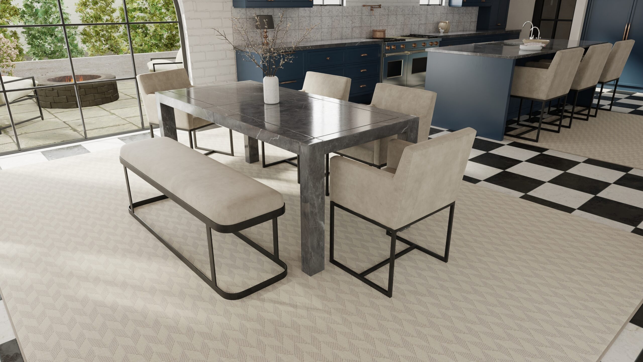 Elegant dining room featuring a custom wool rug from Kaleen’s Hook and Beam collection beneath a marble rectangular table.