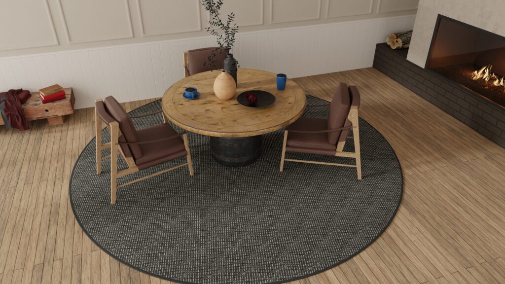 A modern dining room featuring a custom wool rug from Kaleen’s PureLife collection beneath a round table.