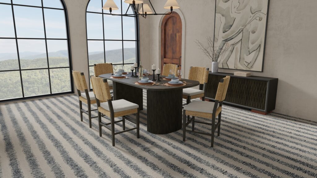 Dining room setting with the cream and grey stripe carpet, Cinnamon Bay, from the Kaleen collection
