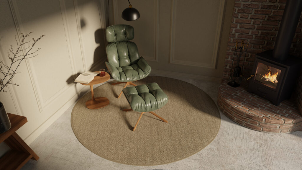 Warm and sophisticated reading nook created with a custom-sized rug from Kaleen in a rich mocha hue next to a cozy wood stove